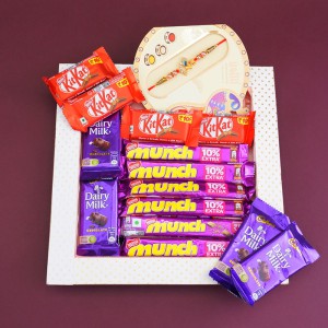 Mini chocolate bucket, rakhi, and fridge magnet