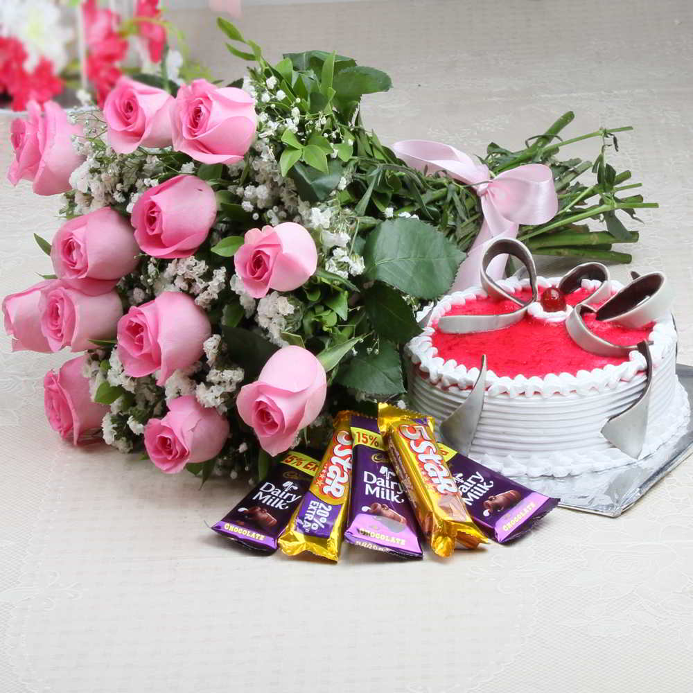 Bouquet of Pink Roses with Strawberry Cake and Chocolates