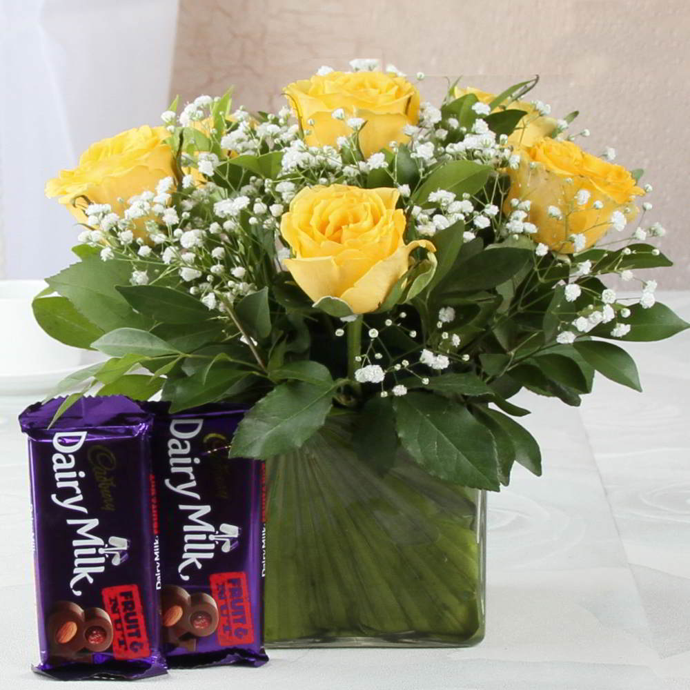 Yellow Rose Vase and Fruit Nut Chocolates Gift