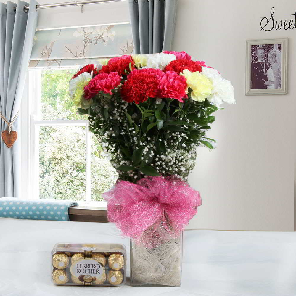 Vase of Mixed Carnations and Ferrero Chocolate Combo