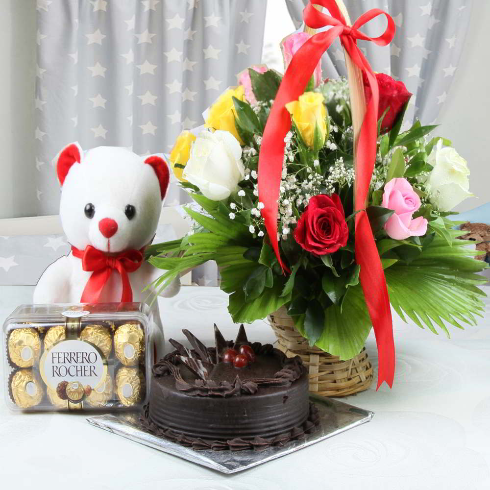 Fresh Rose with Teddy and Ferrero Celebration