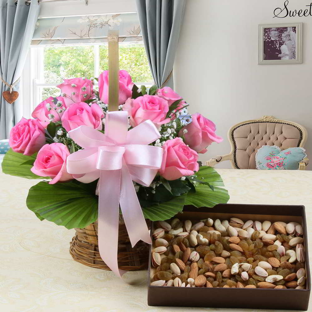 Basket of Pink Roses and Dry Fruit Gift