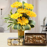 Vase of Yellow Gerberas with Dry Fruits and Ferrero Gift