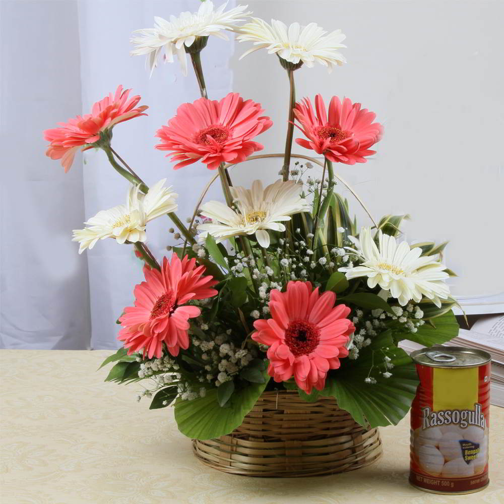 Beautiful Basket of Pink and White Gerberas with Rasgulla