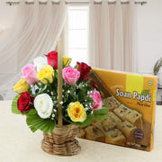 Basket Arrangement Mixed Roses and Soan Papdi