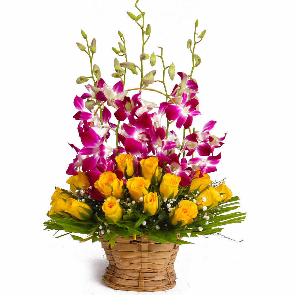 Bright Yellow Rose and Purple Orchid Basket