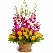 Bright Yellow Rose and Purple Orchid Basket