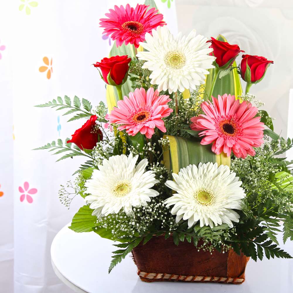 Fresh Gerberas and Roses in a Basket
