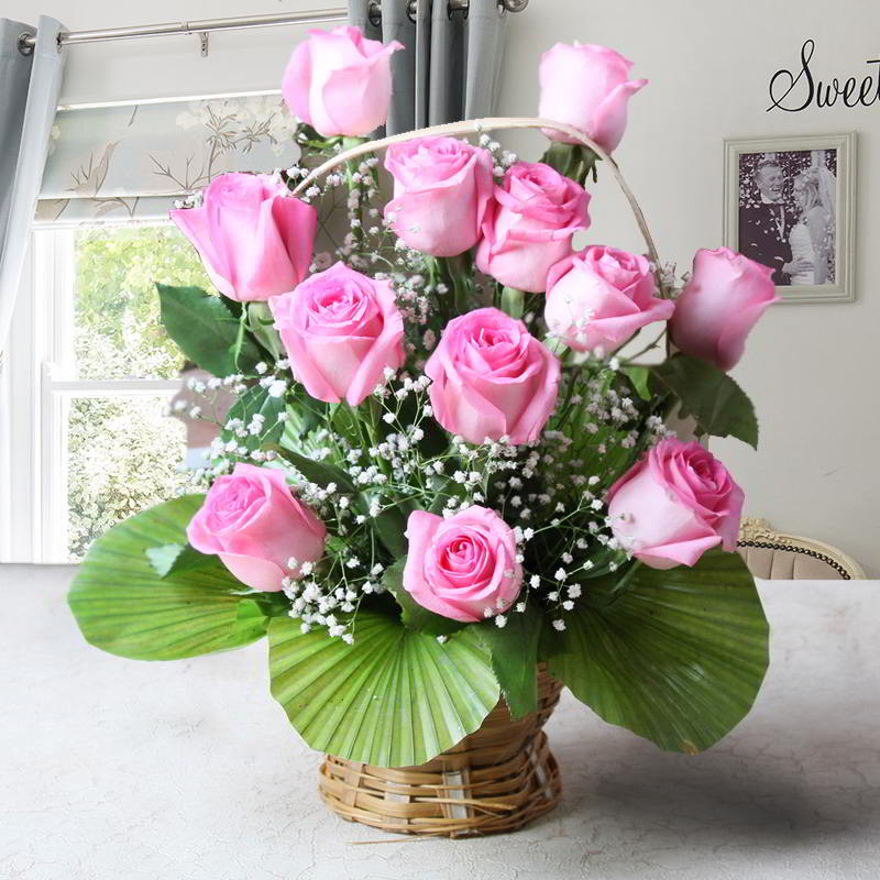 Elegance of Twelve Pink Rose Basket