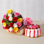 Mixed Roses and Strawberry Cake Delight