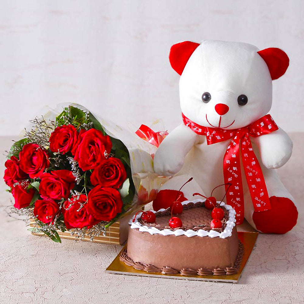 Red Roses with Teddy and Heart Shape Chocolate Cake Combo