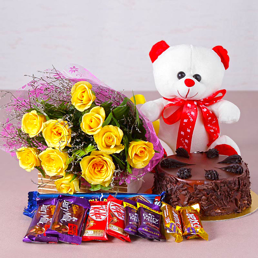 Yellow Roses with Teddy and Chocolate Cake Gift Combo