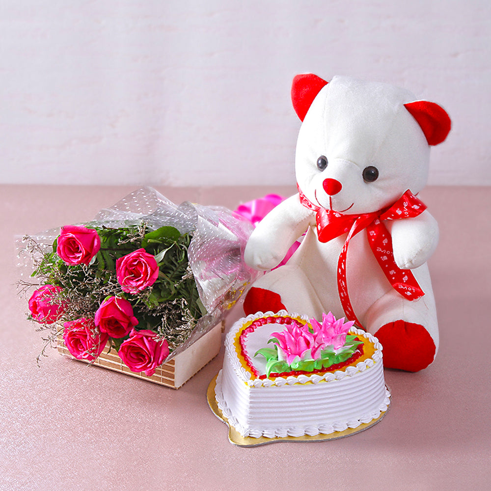 Pretty Pink Roses with Teddy and Vanilla Cake Gift