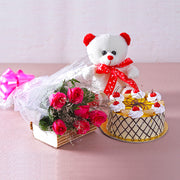 Combo of Pink Roses with Teddy and Butterscotch Cake