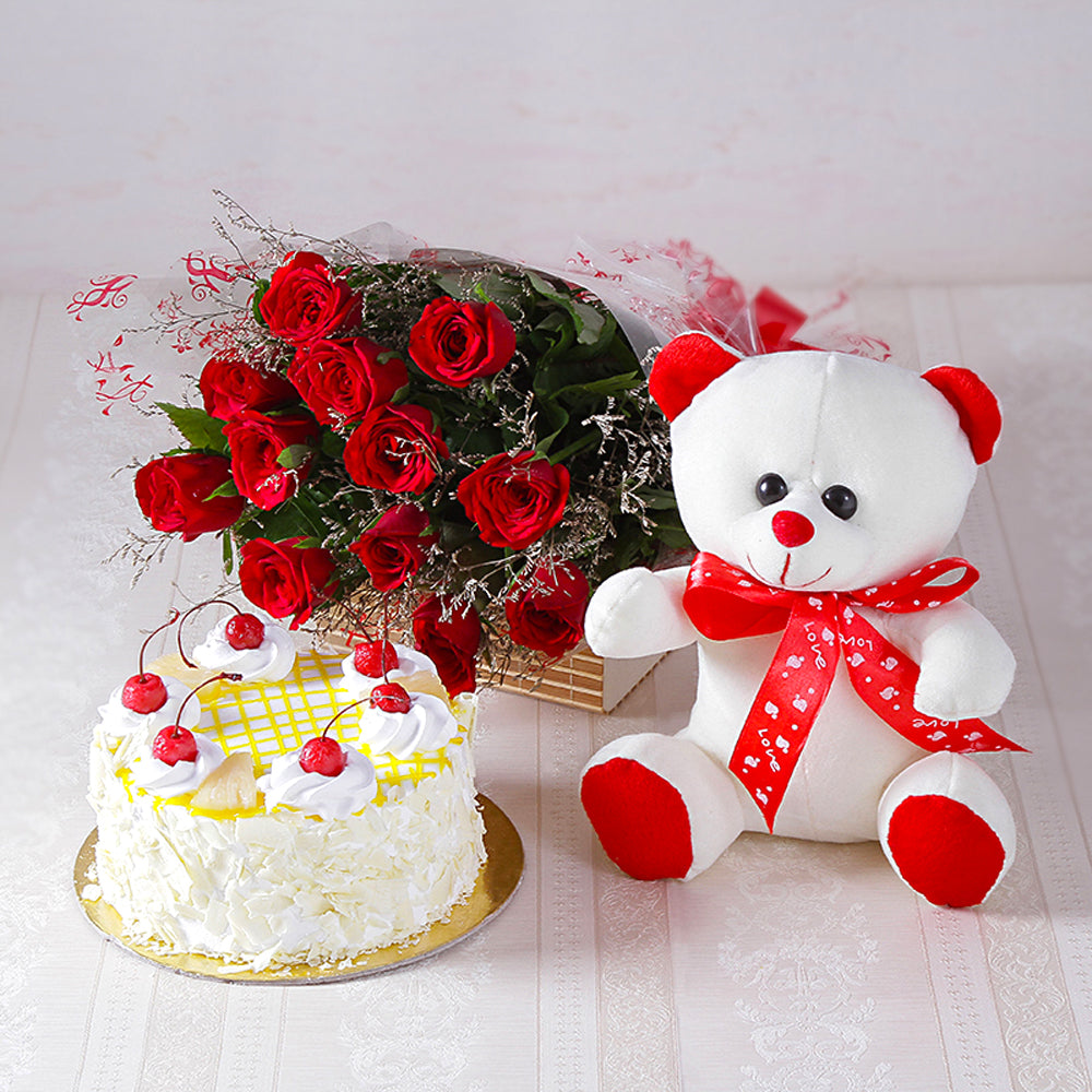 Red Roses with Teddy and Pineapple Cake Gift