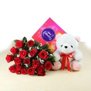 Fresh Red Roses with Cadbury Chocolates and Teddy Gift