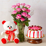 Gift Combo of Pink Rose Vase with Teddy and Strawberry Cake