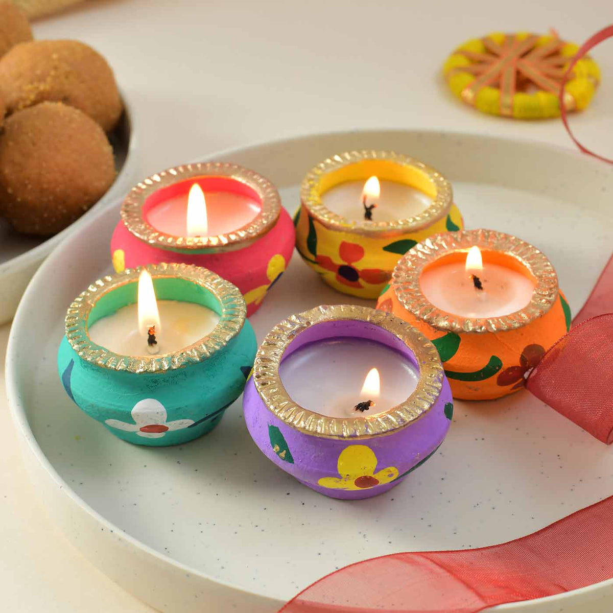 Earthen Diya and  Besan Laddu for Diwali
