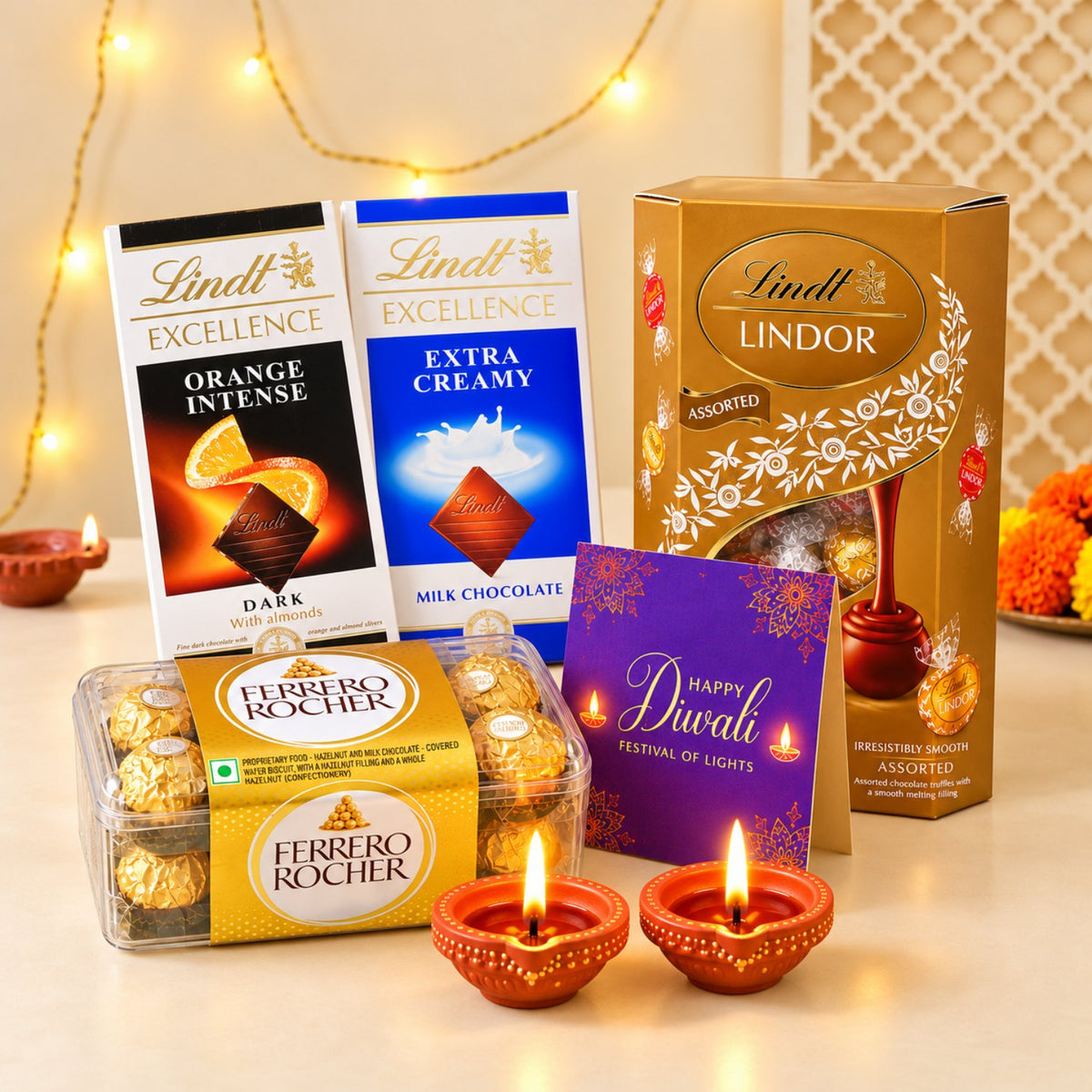 Diwali Special Lindt Lindor and Excellence Chocolate Duo with Ferrero Rocher Gift