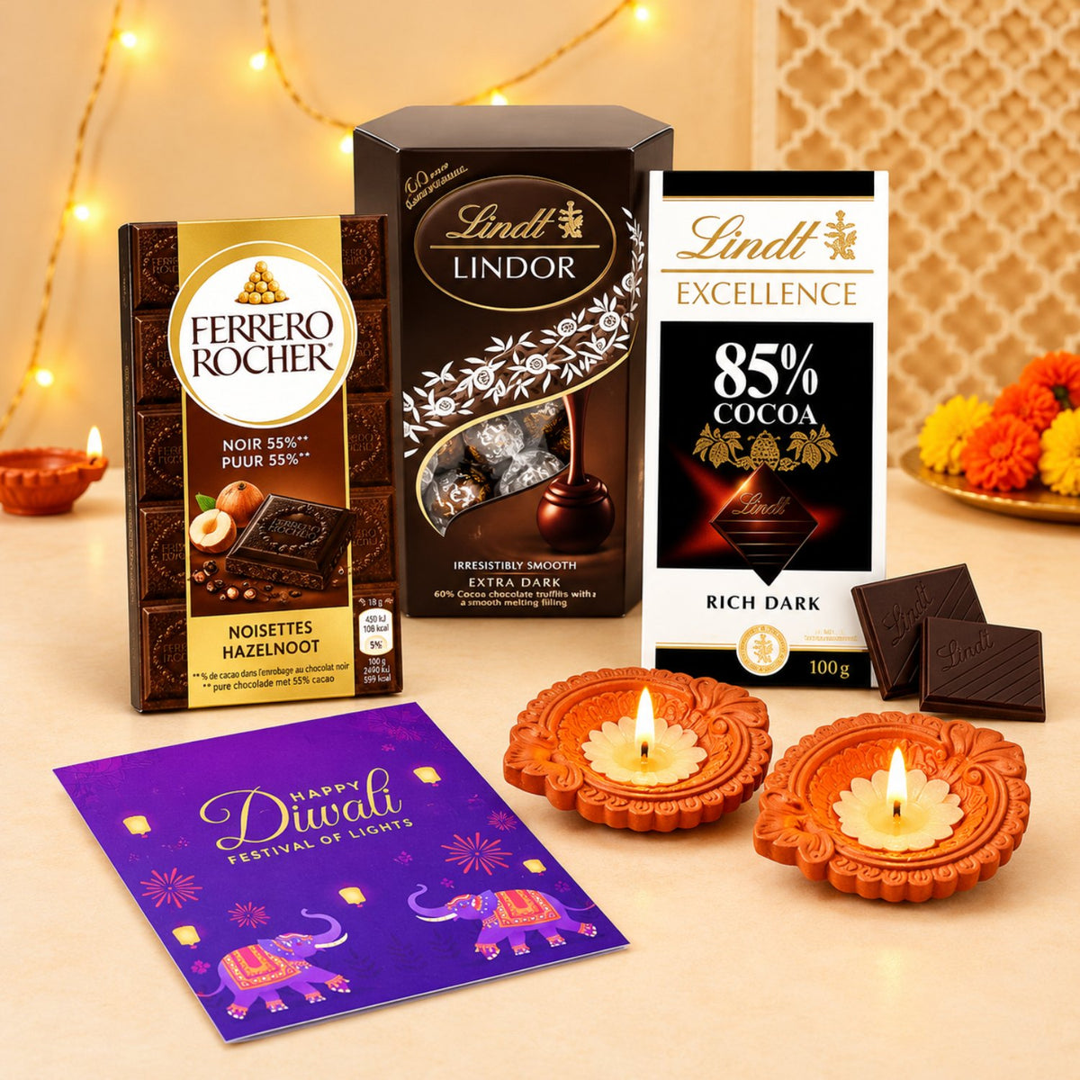 Premium Dark Chocolate Trio with Diwali Diyas