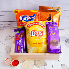 Bhai Duj Chocolate Hamper with Lays and Wooden Tray