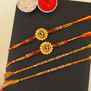 Golden OM and Beaded Rakhi Set of Four