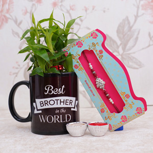 Ethnic Stone Rakhi with Lucky Bamboo N Mug