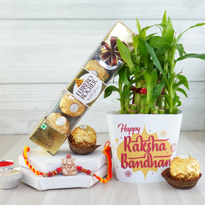 Golden Rakhi with Lucky Plant N Chocolates