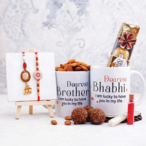 Bhaiya Bhabhi Rakhi Set with Almonds Chocolates N Mugs