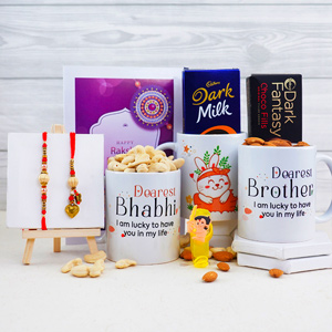 Set of Three Rakhi with Mugs N Chocolate Gift Hamper