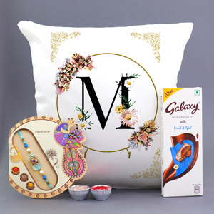 Designer Rakhi with Galaxy Milk Chocolate N Alphabet Cushion