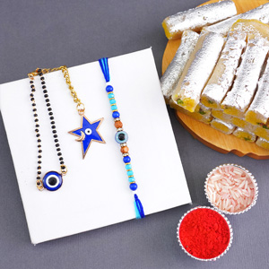 Set of Evil Eye Bhaiya Bhabhi Rakhi with Haldiram Sweets