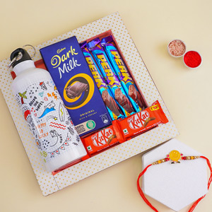 Cute Smiley Rakhi with Chocolates N Printed Bottle