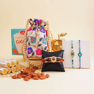 Set of Three Rakhis with Dry Fruits N Sweets Gift Pack