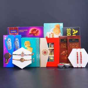 Set of Four Rakhi with Soan Papdi N Chocolates Gift Hamper