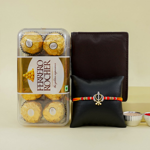 Sacred Khanda Rakhi with Wallet and Ferrero Gift Pack