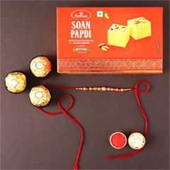 Rose Gold Pearl And Beads Rakhi with 250 Grams Soan Papdi and 3 Ferrero Rocher