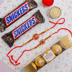 Set of Two Beautiful Rakhis with Snickers & Ferrero Rocher - Rakhi Hampers to Australia