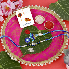 Designer Blue Bhaiya Bhabhi Rakhi with Puja Thali Hamper - Bhaiya Bhabhi Rakhi to UK