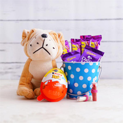 Chocolates Bucket and Doggie Stuff Toy for Bhai Dooj - Bhai Dooj Gifts for kids