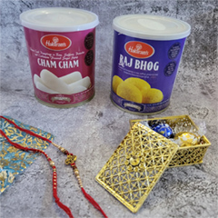 2 Pearl Rakhi Set With Cham Cham & Raj Bhog - Rakhi and Chocolates to USA