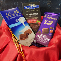 3 Designer Rakhi Set With Chocolate Hampers - Rakhi and Chocolates to USA