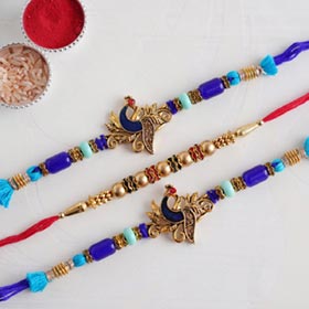 Two Peacock Rakhi and Beaded Rahi Set - Set of 3 Rakhis