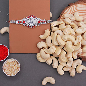 Designer Silver Rakhi with Cashews in Container