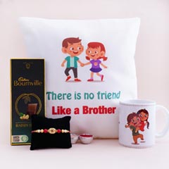 Set of Rakshabandhan Cushion N Mug with Golden Rakhi N Chocolate - Rakhi Gift Ideas