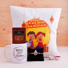 Rakshabandhan Cushion N Mug with Auspicious  Rakhi N Chocolate - Rakhi with Cushion