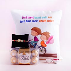 Silver Rakhi with Rakshabandhan Cushion N Ferrero Rocher - Rakhi Gift Ideas