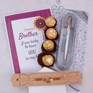 Golden Rakhi with  Ferrero Rocher N Pen Combo - Send Rakhi to Faridabad