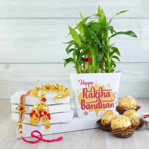 Set of Bhaiya Bhabhi Rakhi with Lucky Bamboo N Ferrero Rocher - Golden Rakhi