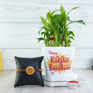Designer Om Rakhi with a Lucky Plant N Card - Rakhi with Plants